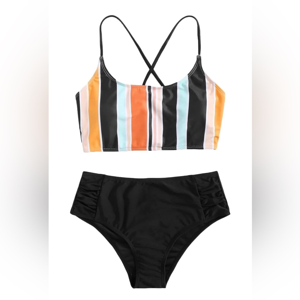 Women’s Striped Lace Up Multicolor Bikini Swim Set XS